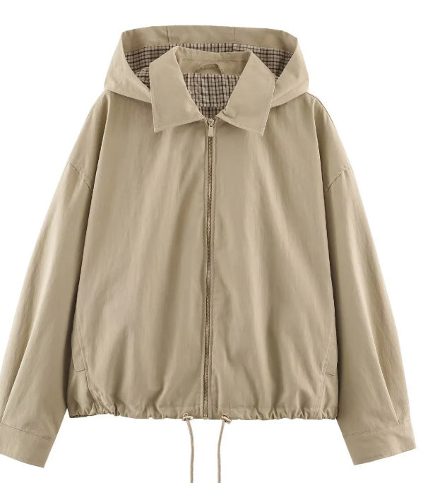 Women's Lightweight Hooded Jacket in Boxy Cut with Drawstring and Check Lining Hudson & Parker
