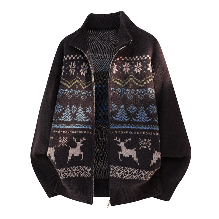 Unisex Zip Sweater Jacket in Norwegian Style with High Collar and Checkered Pattern Hudson & Parker