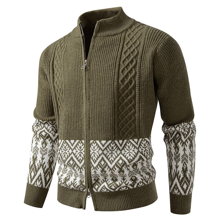 Men's High-Quality Norwegian Zip Cardigan with Cable Pattern and Stand-Up Collar Hudson & Parker