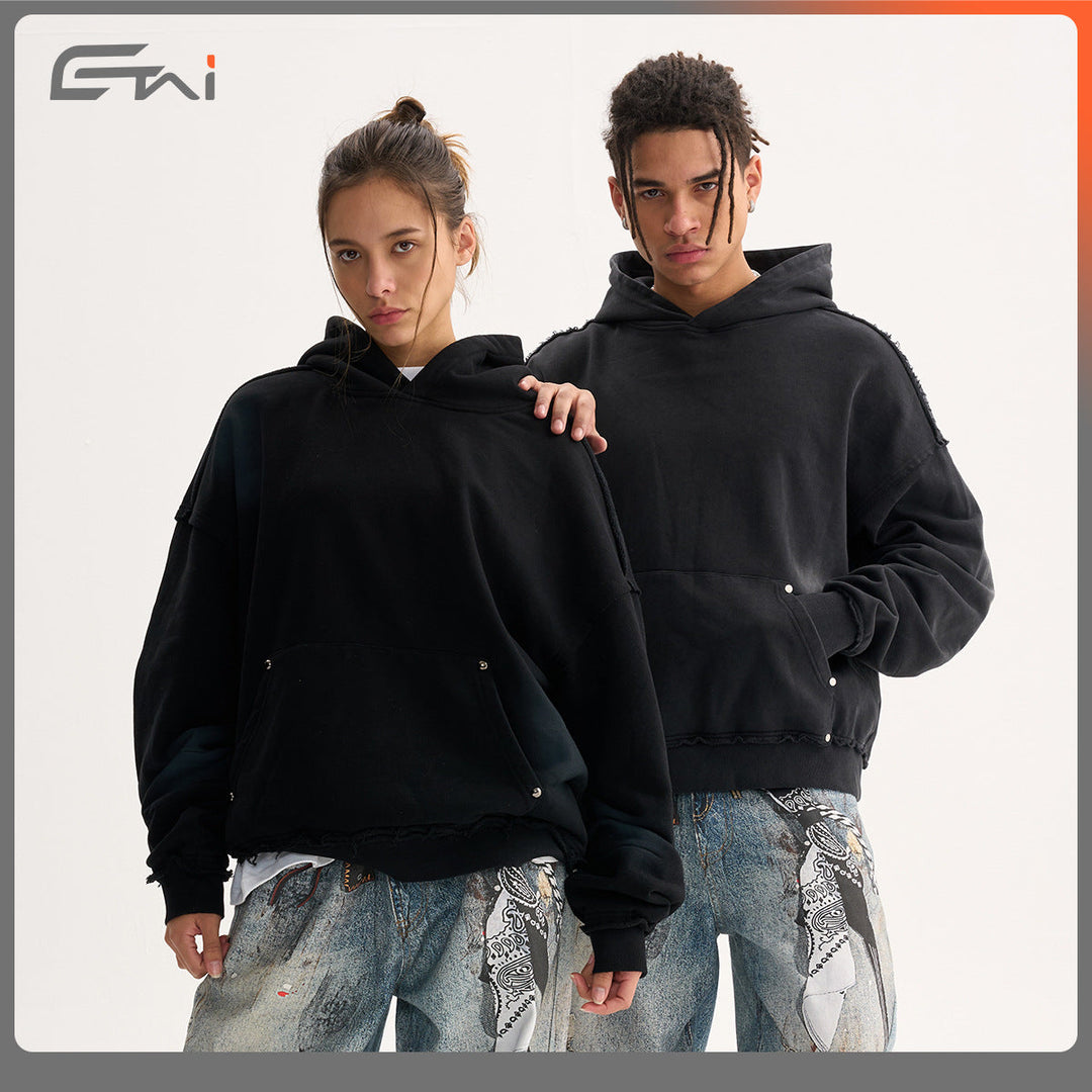 Men's Boxy Hoodie with Frayed Hem, Studded Kangaroo Pocket and Worn Spot Effect Hudson & Parker