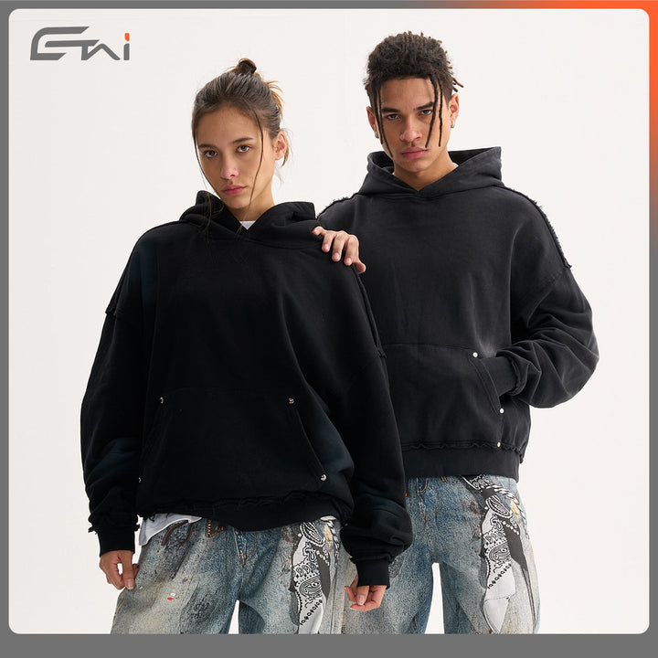 Men's Boxy Hoodie with distressed hem, studded kangaroo pocket, and washed spot effect Hudson & Parker