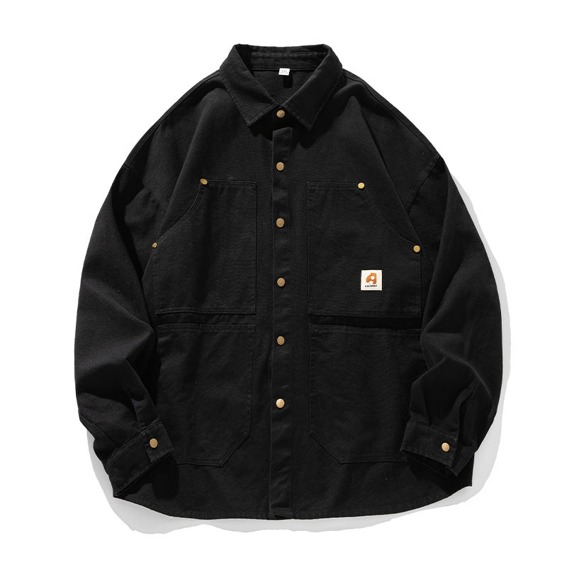 Unisex overshirt in workwear style with snap button placket and four patch pockets Hudson & Parker