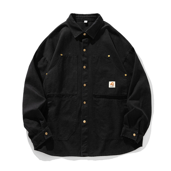 Unisex overshirt in workwear style with snap button placket and four patch pockets Hudson & Parker