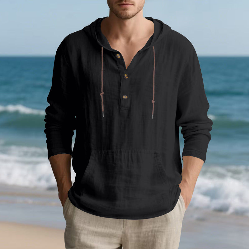 Men's lightweight hooded henley made of linen- blend with kangaroo pocket and button placket Hudson & Parker