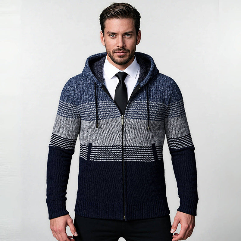 Men's hooded knit zip jacket with gradient block stripe pattern and thermal structure Hudson & Parker