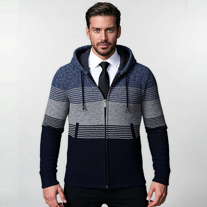 Men's hooded knit zip jacket with gradient block stripe pattern and thermal structure Hudson & Parker