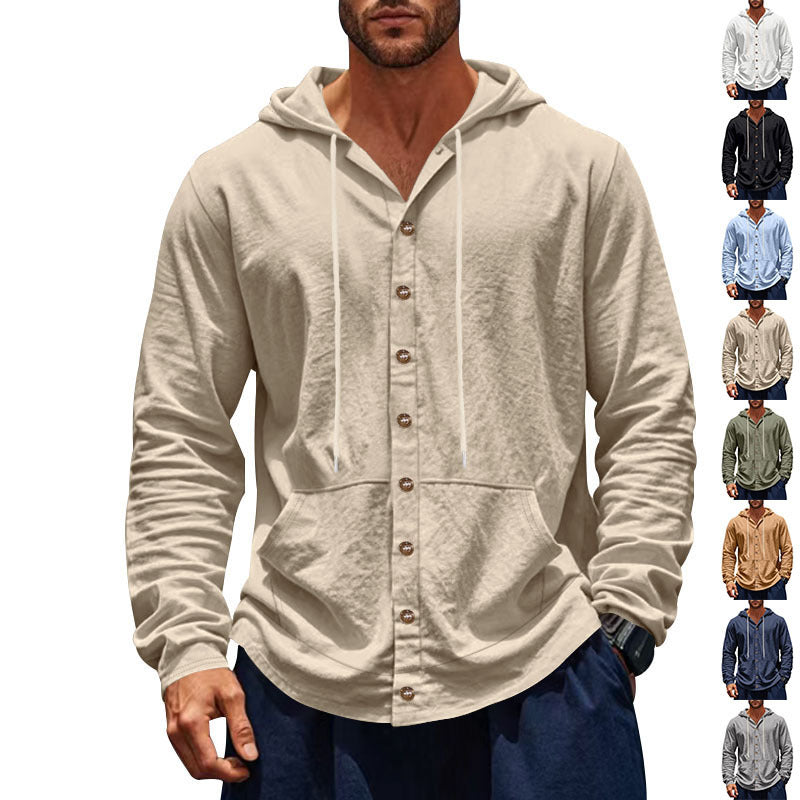 Men's slim-fit hoodie cardigan with full button placket, mounted kangaroo pocket, and lightweight structured knit Hudson & Parker