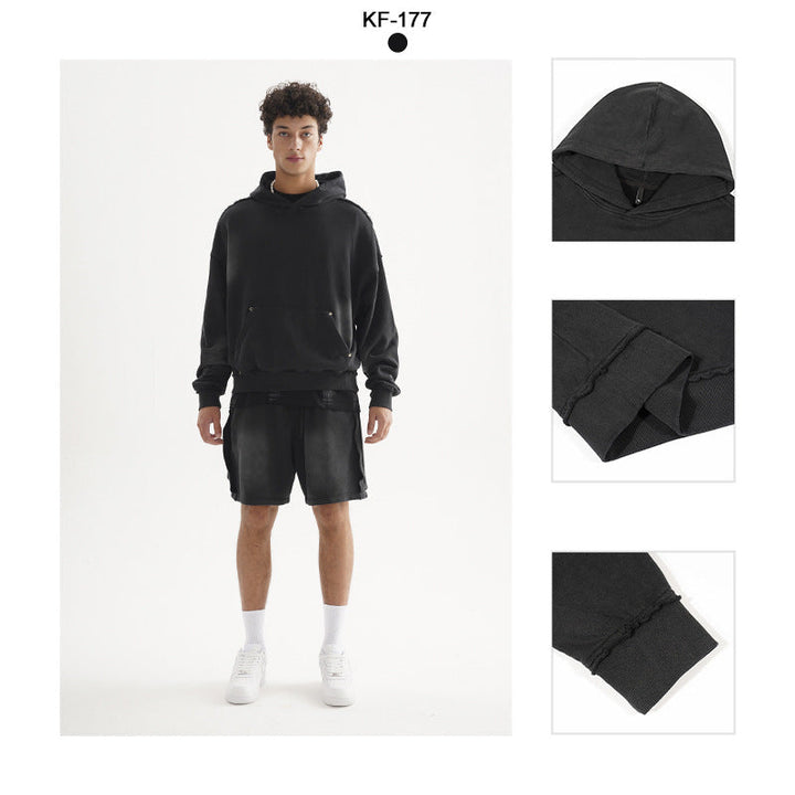 Unisex Oversized Hoodie with Frayed Hem, Kangaroo Pocket and Washed Bleach Effect Hudson & Parker