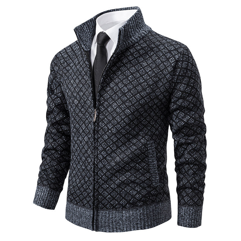 Men's Patterned Knit Zip Jacket with Stand-Up Collar, Jacquard Pattern and Ribbed Cuffs Hudson & Parker