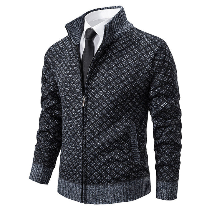 Men's Patterned Knit Zip Jacket with Stand-Up Collar, Jacquard Pattern and Ribbed Cuffs Hudson & Parker
