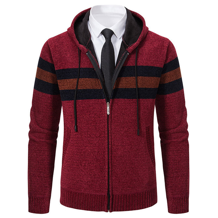 Men's Knitted Hooded Cardigan with Contrast Stripes and Zipper Hudson & Parker