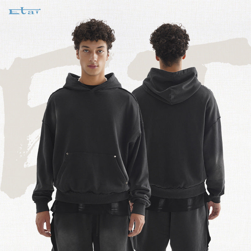 Unisex Oversized Hoodie with Frayed Hem, Kangaroo Pocket and Washed Bleach Effect Hudson & Parker