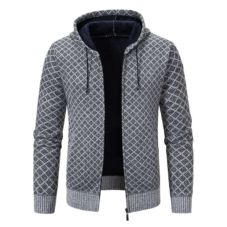Men's jacquard zip knit jacket with hood and warm fleece lining Hudson & Parker
