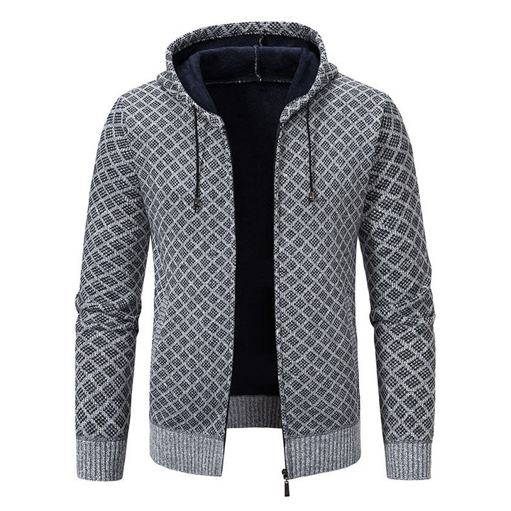 Men's jacquard zip knit jacket with hood and warm fleece lining Hudson & Parker