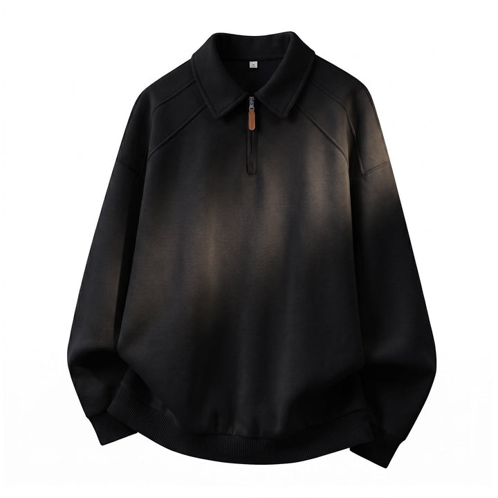 Unisex Relaxed Sweatshirt in Polo Look with Polo Collar, Short Zipper and Raglan Sleeves Hudson & Parker