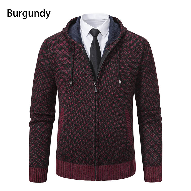 Men's jacquard zip knit jacket with hood and warm fleece lining Hudson & Parker