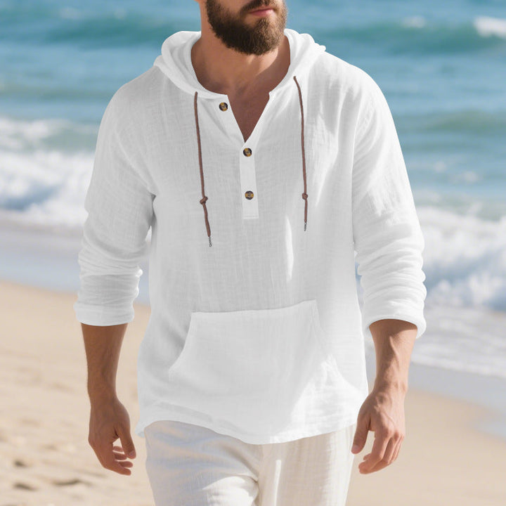 Men's lightweight hooded henley made of linen- blend with kangaroo pocket and button placket Hudson & Parker