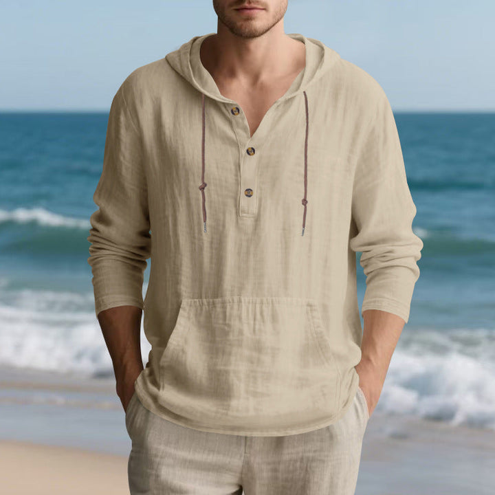 Men's lightweight hooded henley made of linen- blend with kangaroo pocket and button placket Hudson & Parker