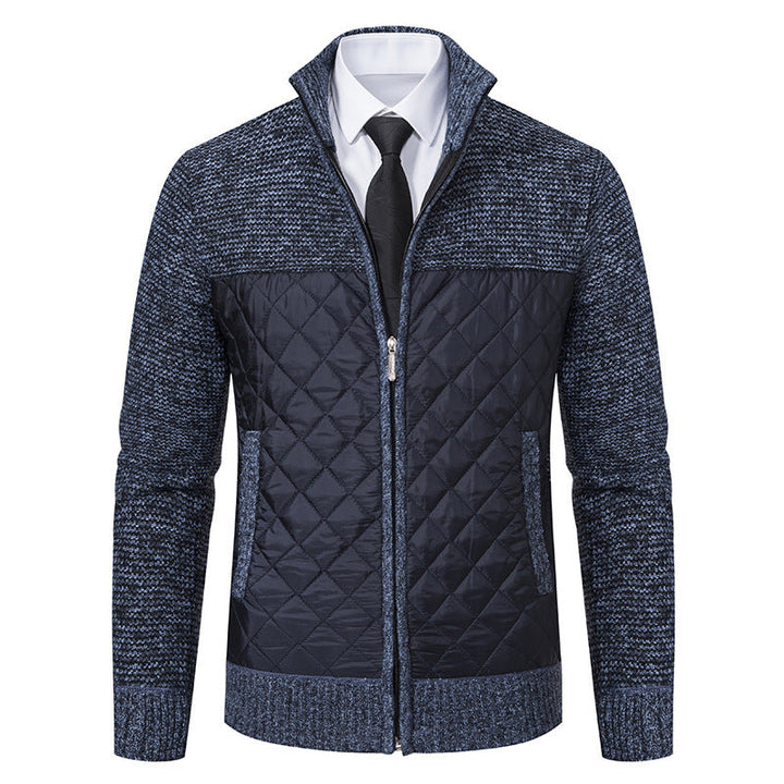 Men's hybrid knit jacket with quilted front panel, stand collar, and full zip Hudson & Parker