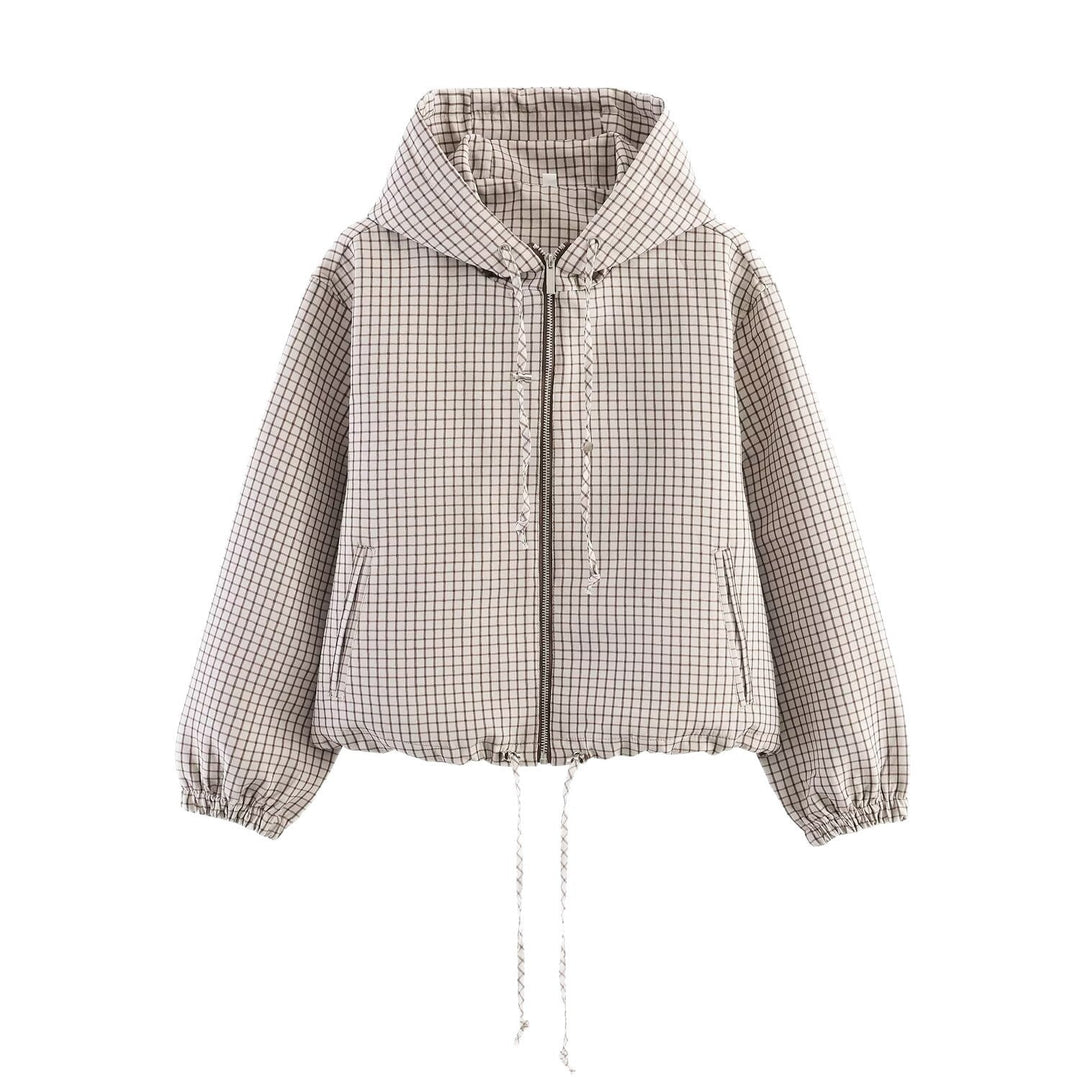 Women Short Cut Checkered Hoodie with Zip and Drawstring Hem Hudson & Parker