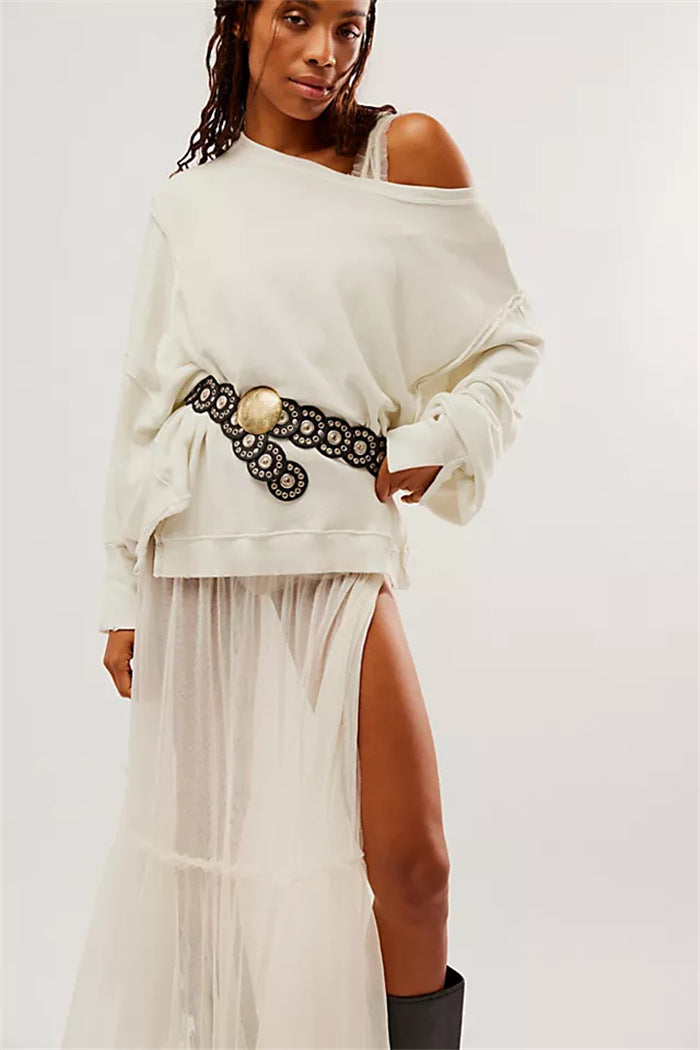 Women's oversized sweatshirt with balloon sleeves, open seam stitches, and side slits Hudson & Parker