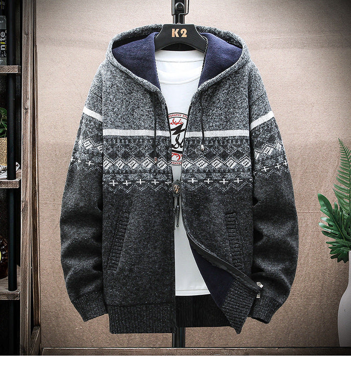 Men's Hooded Knitted Zip Jacket with Norwegian Jacquard and Soft Lining Hudson & Parker