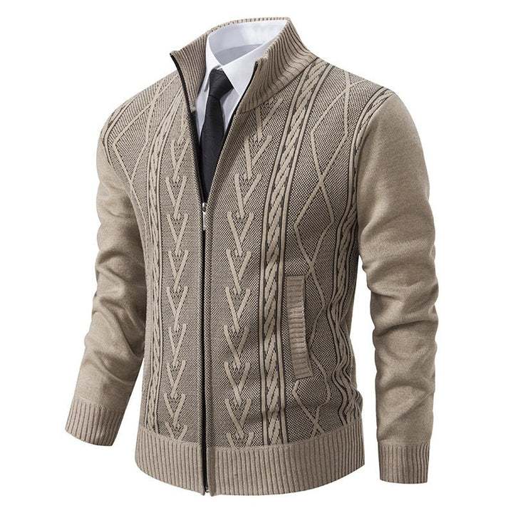 Men's fine-knit zip jacket with geometric jacquard pattern, stand-up collar, and side pockets Hudson & Parker