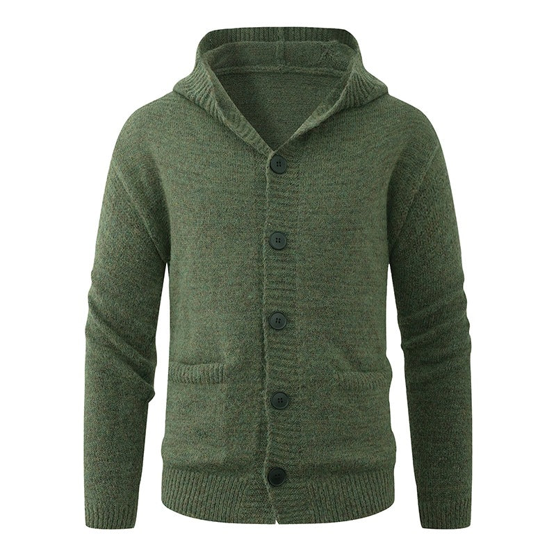 Men's hooded knitted cardigan made of thermal fine knit with a continuous button placket and side pockets Hudson & Parker