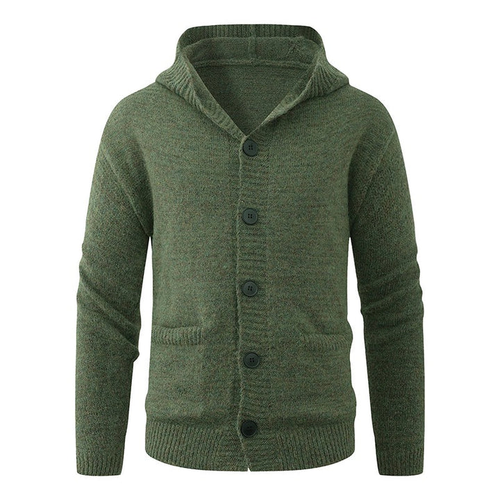 Men's hooded knitted cardigan made of thermal fine knit with a continuous button placket and side pockets Hudson & Parker