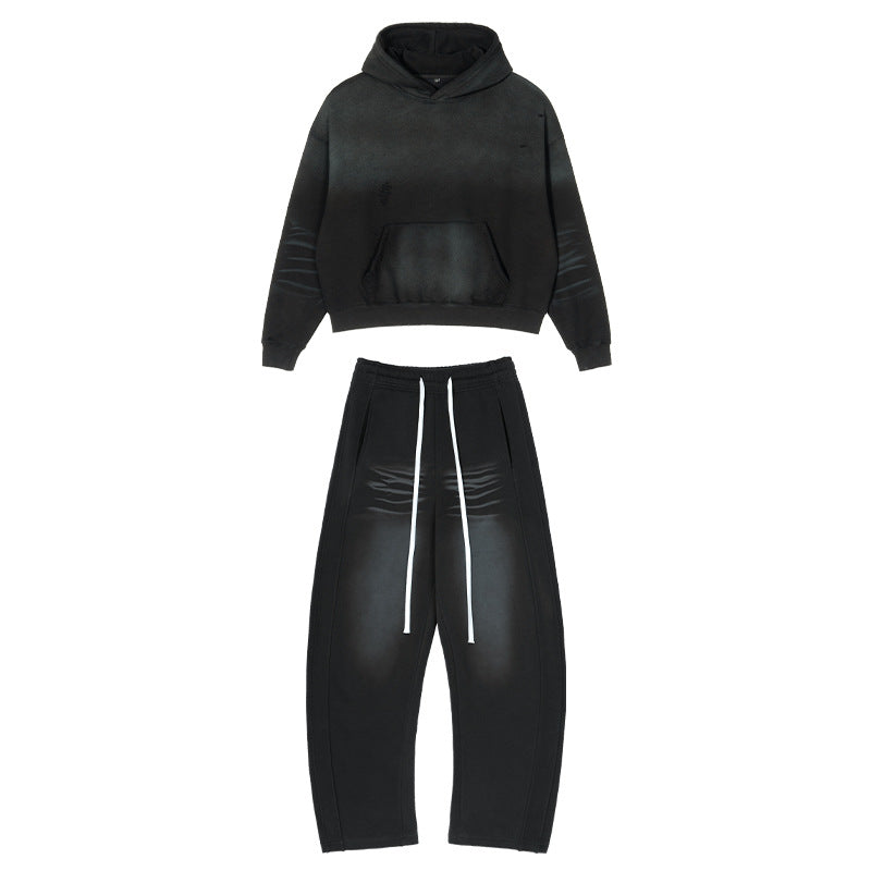 Men's Loose Distressed Sweatset with Cropped Hoodie and Baggy Jogging Pants Hudson & Parker