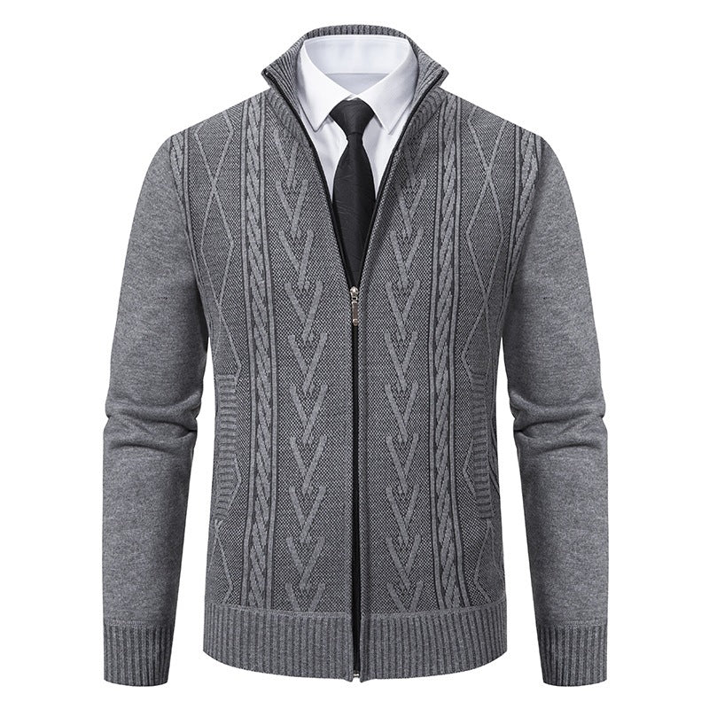Men's fine-knit zip jacket with geometric jacquard pattern, stand-up collar, and side pockets Hudson & Parker