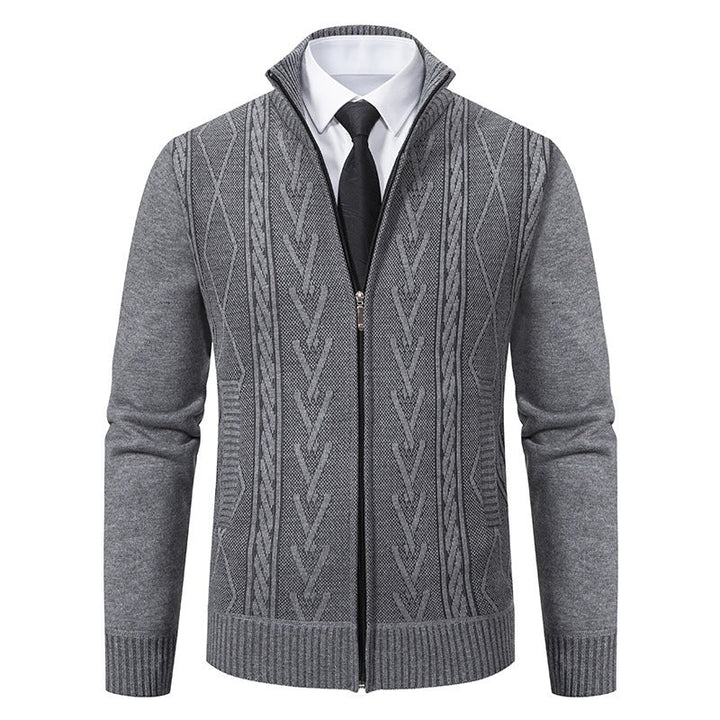 Men's fine-knit zip jacket with geometric jacquard pattern, stand-up collar, and side pockets Hudson & Parker