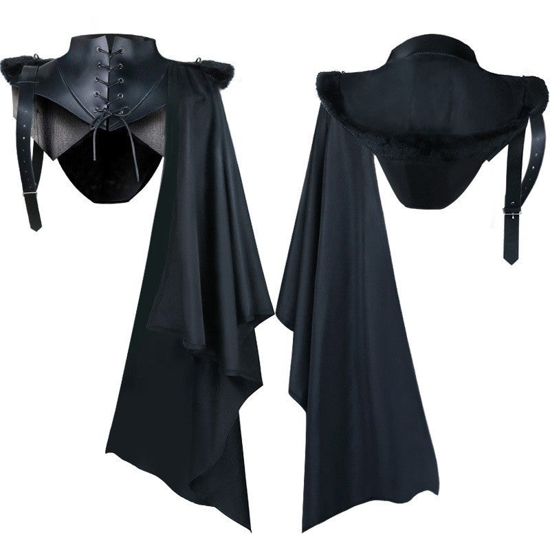 Unisex cape with shoulder plates, laced collar, faux fur trim, adjustable leather straps, and asymmetric train Hudson & Parker