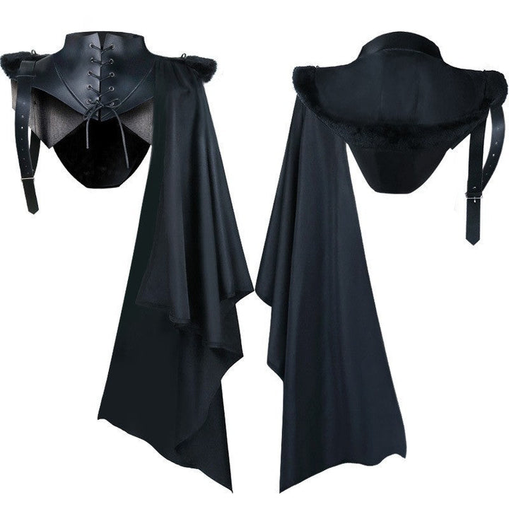 Unisex cape with shoulder plates, laced collar, faux fur trim, adjustable leather straps, and asymmetric train Hudson & Parker