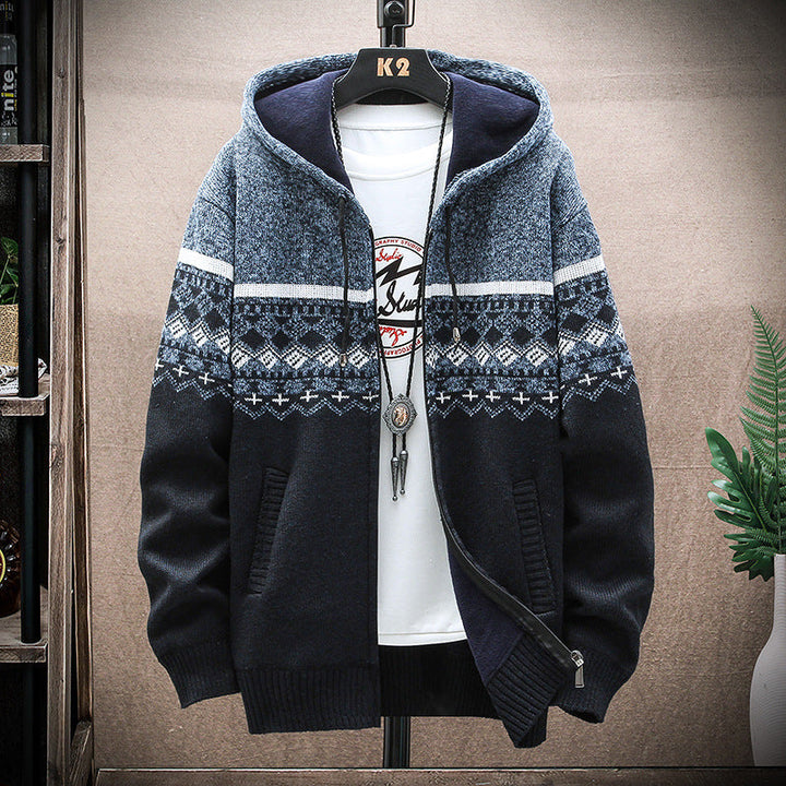 Men's Hooded Knitted Zip Jacket with Norwegian Jacquard and Soft Lining Hudson & Parker