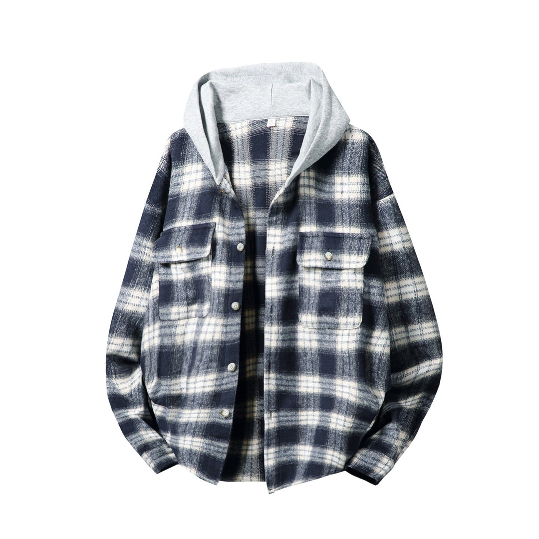 Unisex overshirt with contrast hood in check flannel look, button front and patch chest pockets Hudson & Parker