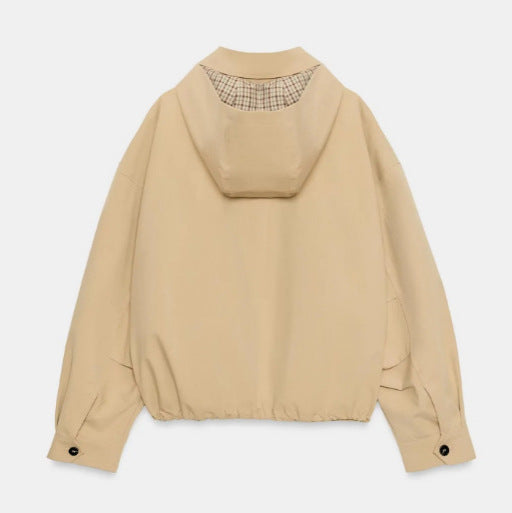 Women's Lightweight Hooded Jacket in Boxy Cut with Drawstring and Check Lining Hudson & Parker