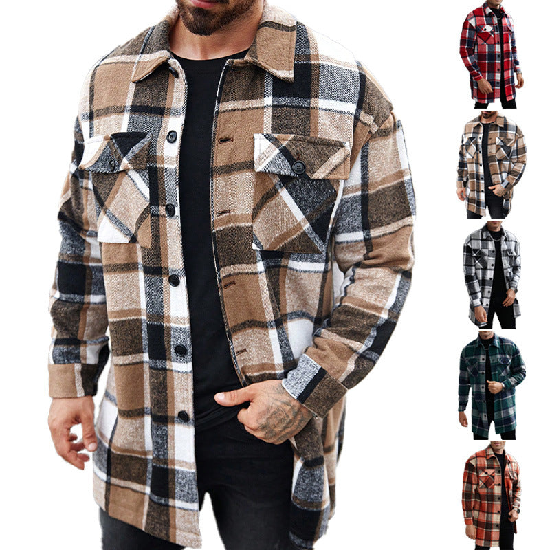 Men's checked longline overshirt with patch chest pockets and button placket Hudson & Parker