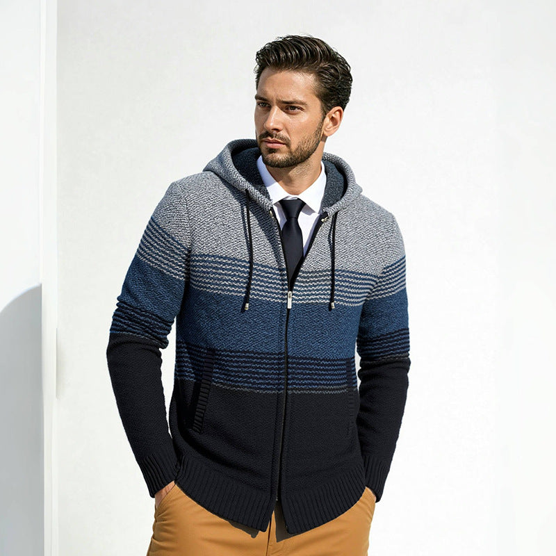 Men's hooded knit zip jacket with gradient block stripe pattern and thermal structure Hudson & Parker