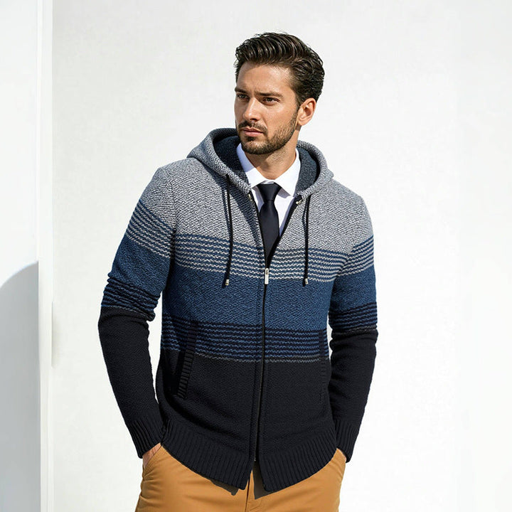 Men's hooded knit zip jacket with gradient block stripe pattern and thermal structure Hudson & Parker
