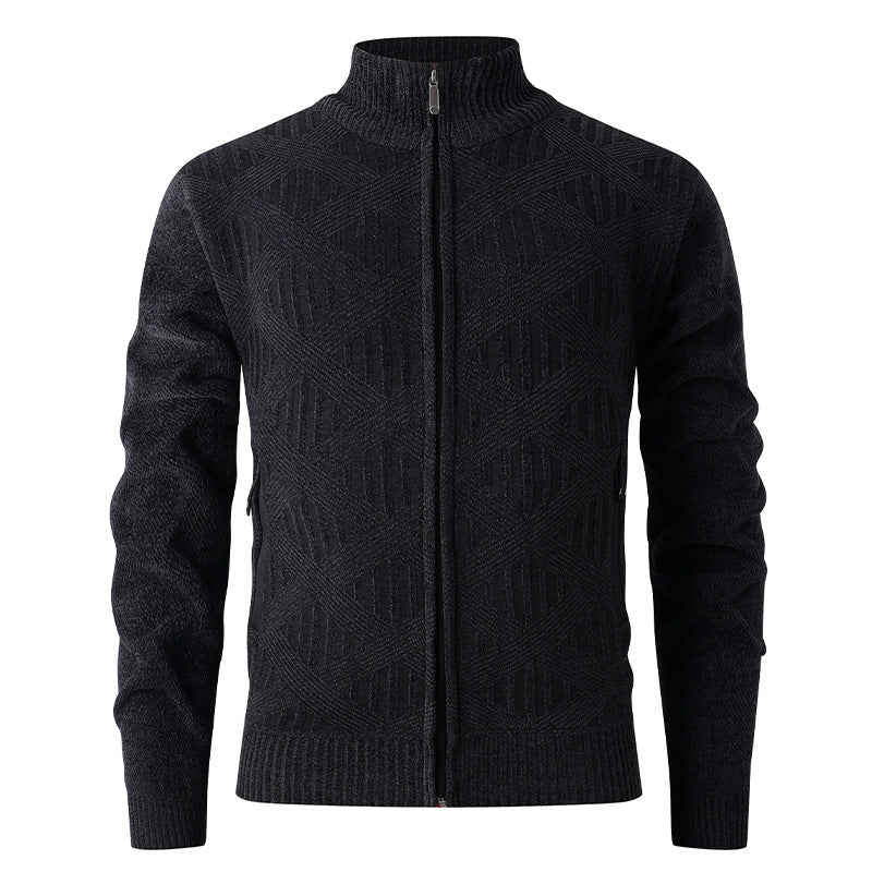 Men's Geometric Jacquard Zip Cardigan with Stand-Up Collar and Zipper Pockets Hudson & Parker