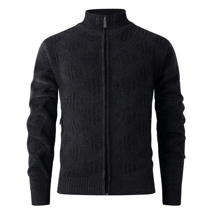 Men's Geometric Jacquard Zip Cardigan with Stand-Up Collar and Zipper Pockets Hudson & Parker