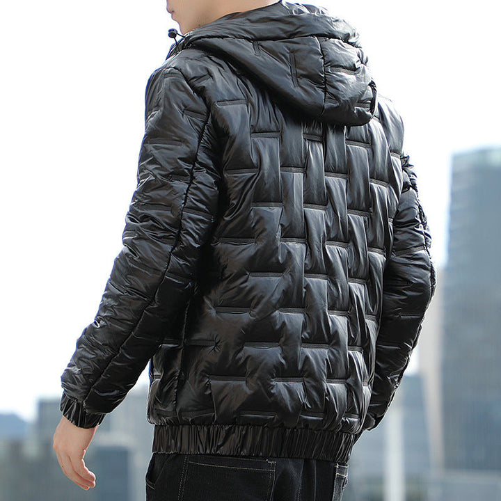Men's Lightweight Quilted Hooded Puffer Jacket with Shiny Surface and Elastic Cuffs Hudson & Parker