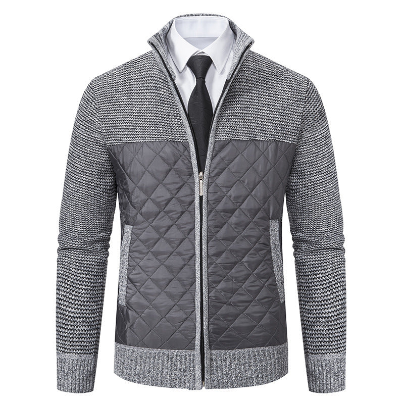 Men's hybrid knit jacket with quilted front panel, stand collar, and full zip Hudson & Parker