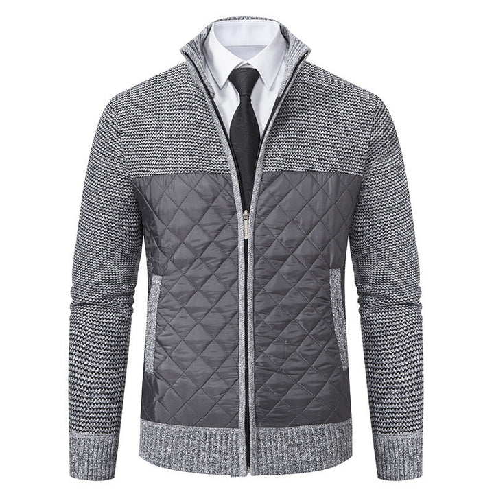 Men's hybrid knit jacket with quilted front panel, stand collar, and full zip Hudson & Parker