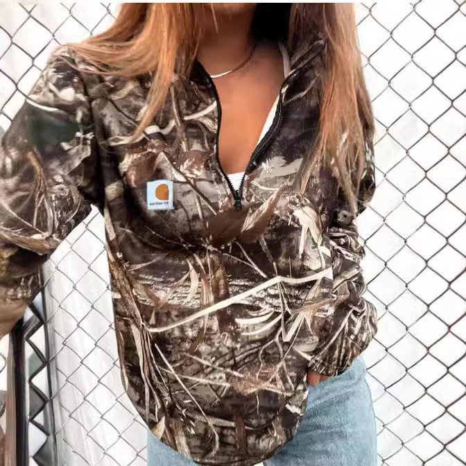 Women Camouflage Half-Zip Fleece Sweatshirt with Hood and Kangaroo Pocket Hudson & Parker