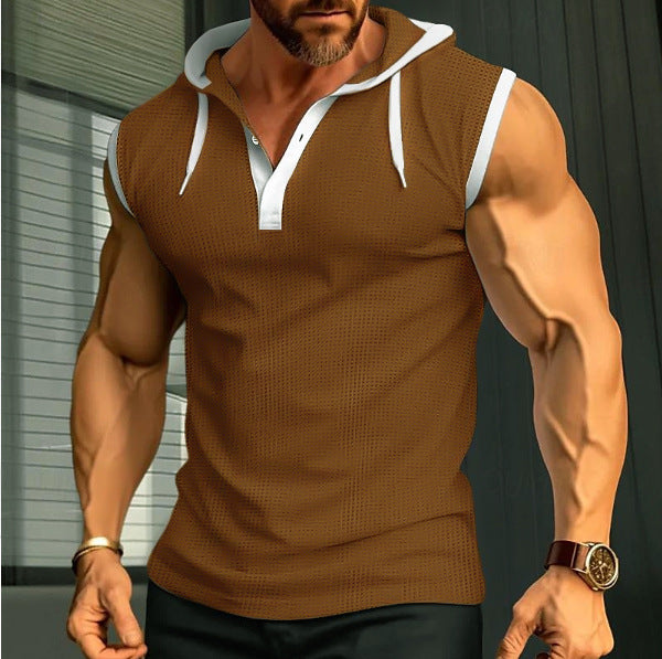 Men's sleeveless hoodie polo shirt with mesh structure and Henley button placket Hudson & Parker