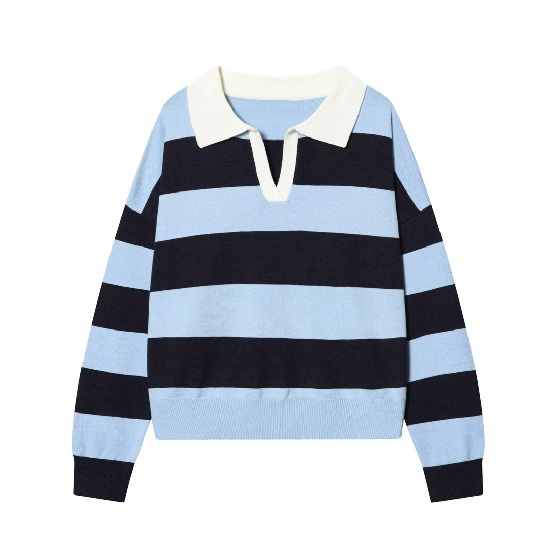 Women Oversize Cropped Rugby Sweater with Polo Collar and V-Neck Hudson & Parker