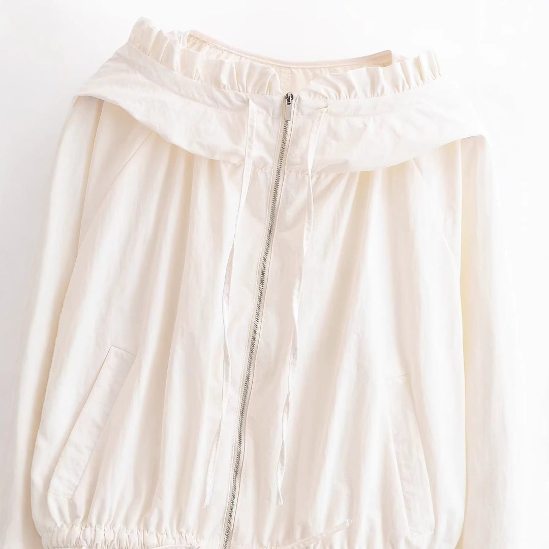Women's Lightweight Hooded Jacket with Ruffled Collar, Drawstring and Elastic Hem Hudson & Parker