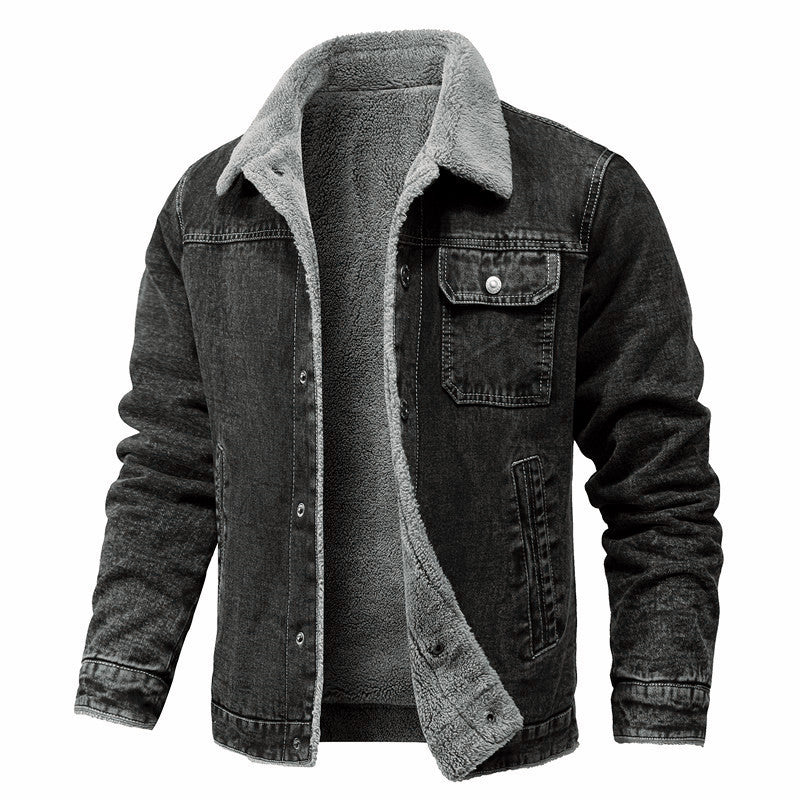 Men's washed denim worker jacket with teddy lining and inset side pockets Hudson & Parker